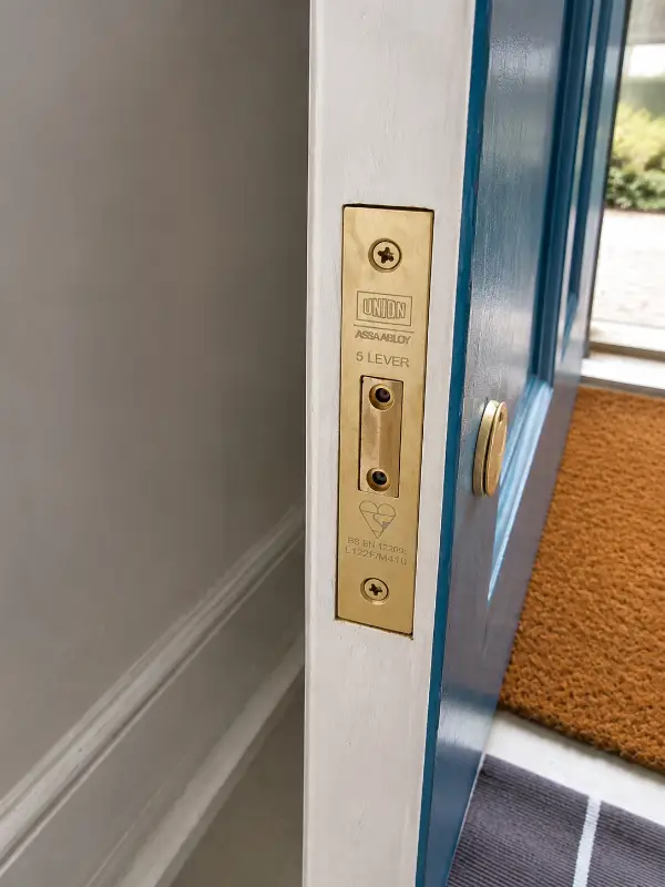 New Union 5-lever mortice deadlock professionally fitted to a timber entrance door in Dulwich, South East London.