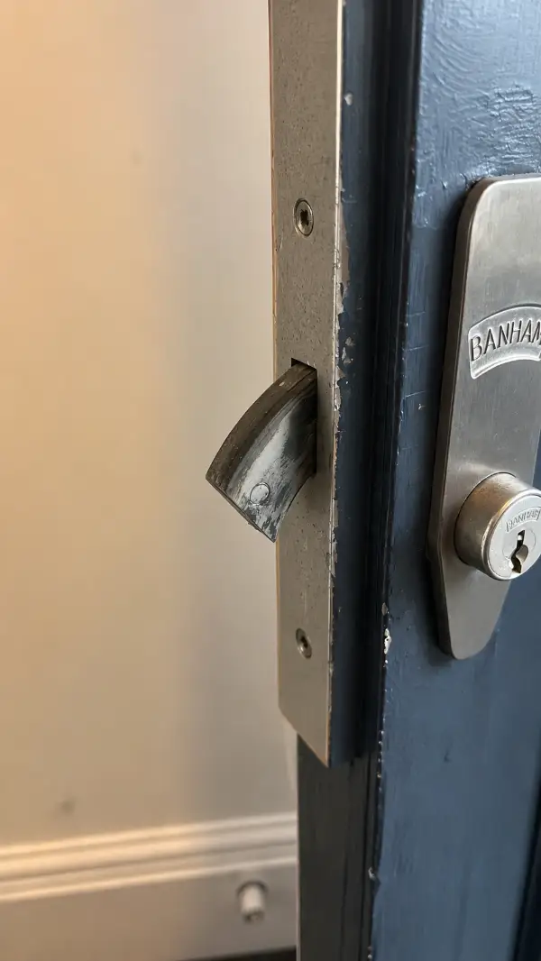 Misaligned Banham door lock adjusted and serviced in Forest Hill by Bluesaki Locksmiths after the door had dropped and the lock was no longer lining up correctly.