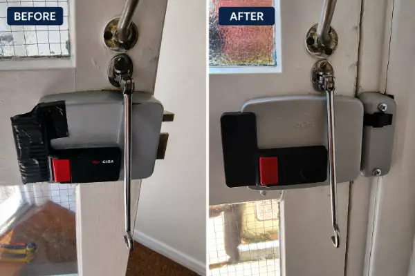 Before and after CISA communal door lock replacement in Sydenham, South East London, completed by Bluesaki Locksmiths.